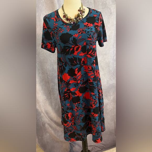 LuLaRoe Womens Carly Geometric Design Blue Red & Black Knee Length Dress Size XS - Picture 1 of 8